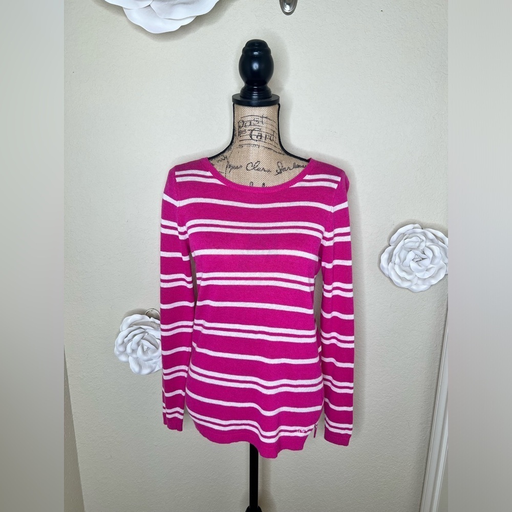 Vineyard Vines Bright Pink & White Striped Lightweight Sweater Size Small